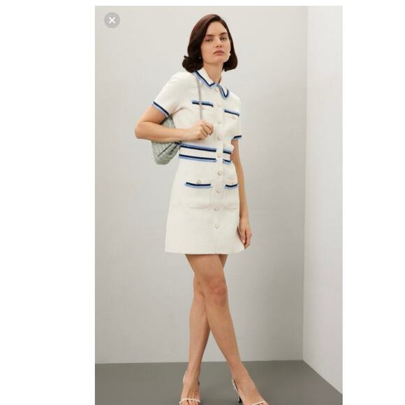 MAJE White Blue Tweed Gold Button Details Collared Risal Mini Dress Size 34 - Picture 11 of 15